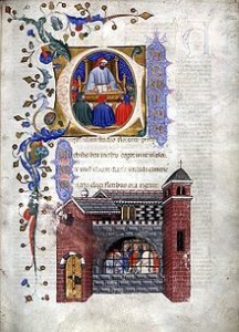 Minatura di Boezio imprigionato, da un manoscritto del De consolatione del 1385, MS Hunter 374 (V.1.11), folio 4r
