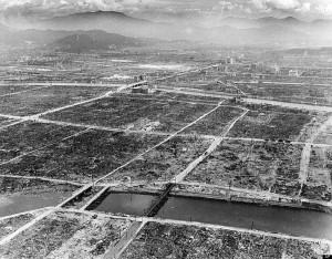 A few steel and concrete buildings and bridges are still intact in Hiroshima after the Japanese city was hit by an atomic bomb by the U.S., during World War II Sept. 5, 1945. (AP Photo/Max Desfor)