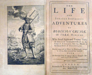 Stampa originale del 1719 del libro “Robinson Crusoe”, di Daniel Defoe