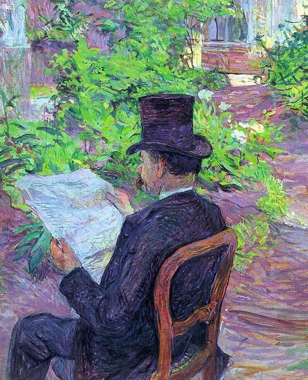 Henri de Toulouse-Lautrec, desire-dehau-reading-a-newspaper-in-the-garden-1890